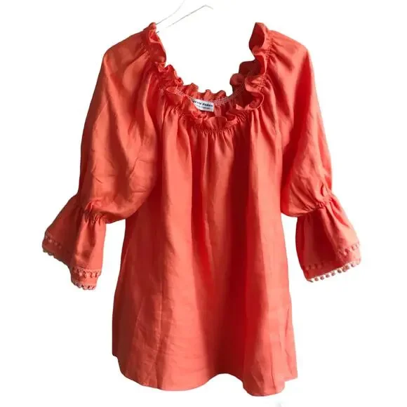 Paris Susan Sutherland Linen Blouse XL Coral Embroidered - Picture 15 of 16